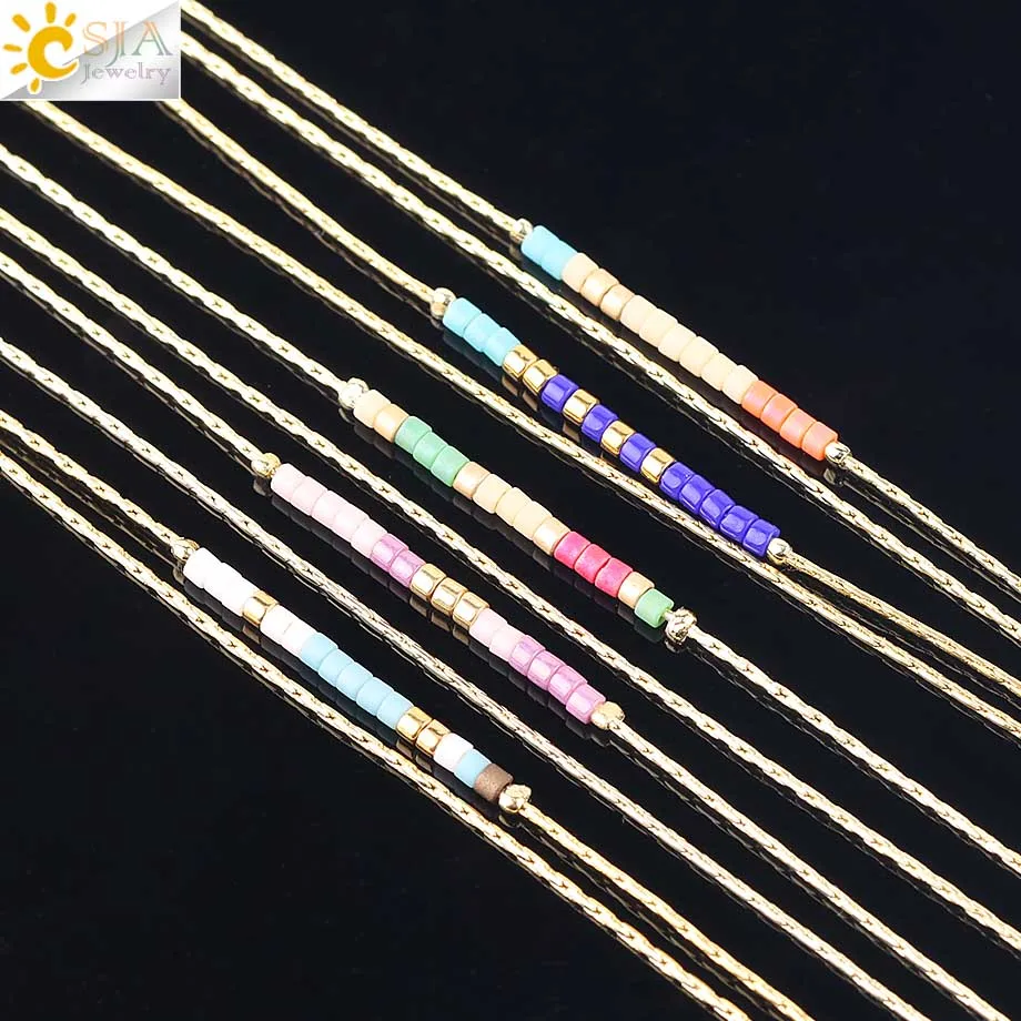 CSJA Multicolor Miyuki Bracelets for Women 2-layer Cute Mini Delica Beads Bracelet Jewelry Adjustable Gold Color Link Chain S187