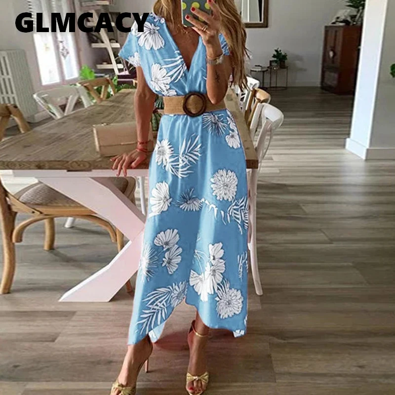 

(NO BELT) Women Floral Printed Boho Beach Dress Summer Sexy Short Sleeve V Neck Wrap Midi Dress Elegant Party Vestidos Dress