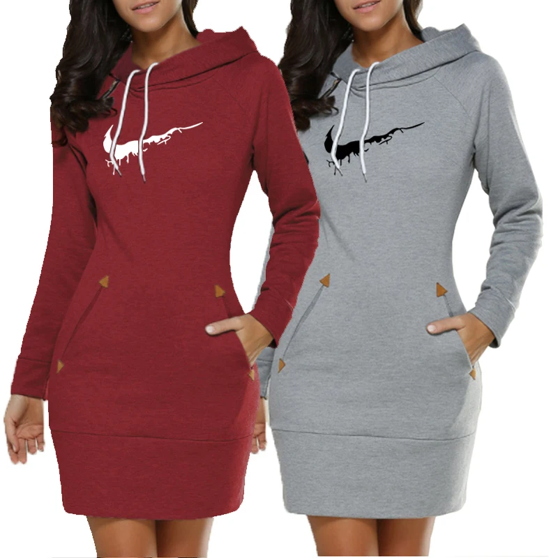 

Women Fashion Hoodie Dress New Print Hooded Long Sleeve Sweatshirt Dress Casual Pullovers Sweatshirt