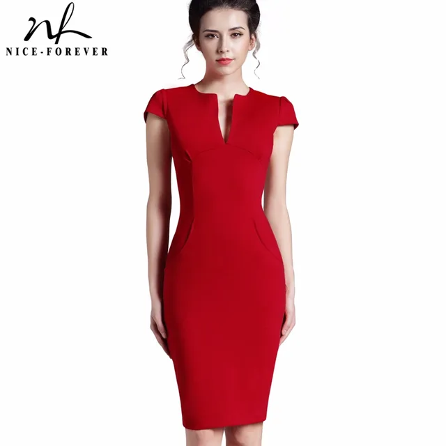 Nice-forever Office Women Vintage Summer Solid Deep V neck Zipper Back Formal Stretch Pencil work Bodycon Pocket Dress 521 1