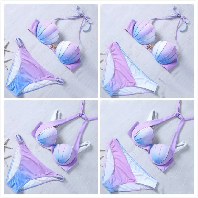 

New 2017 Gradient Color Women Swimwear Marine Shells Design Push Up Bikini Set Cute Bandage Swimsuit Female Bathing Suit