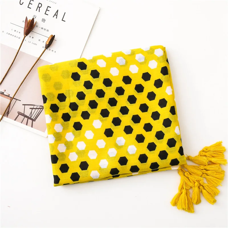 Marte&Joven Women Funny honeycomb Pattern Yellow Tassels Scarves Comfortable Spring Autumn Winter Warm Shawl Stole Female Hijab