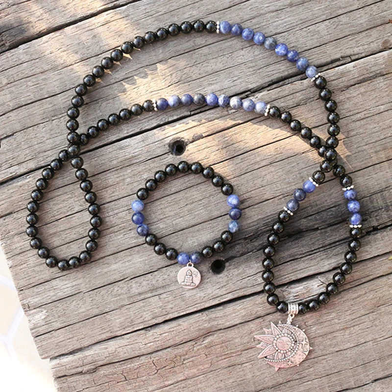 8mm Natural Stone Beads,Black Onyx,Sodalite,Sun And Moon,JapaMala Sets,Spiritual Jewelry,Meditation,Inspirational,108 Mala Beads
