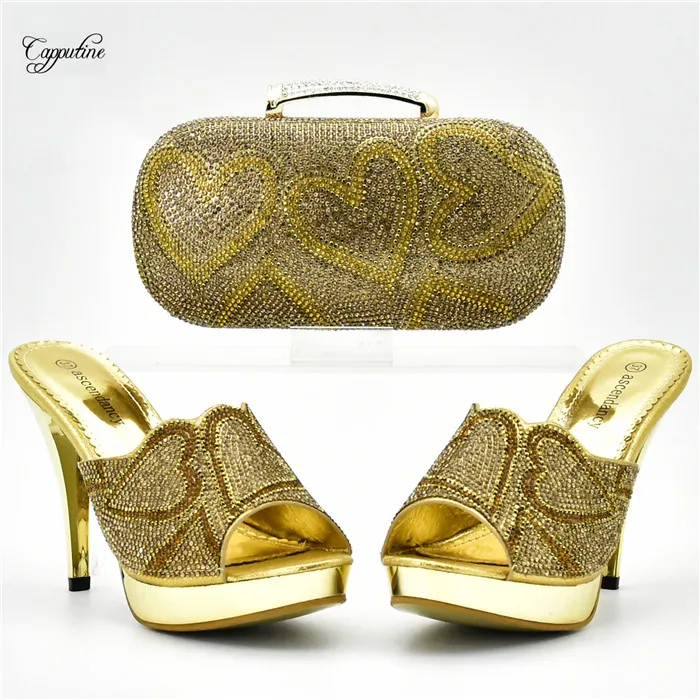 

Charming gold party set matching with lady sandal shoes and bag sets XY10 heel height 10.5 cm