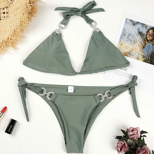 Women Sexy Pure Color Crystal Diamond Bikinis Set Bandage Push Up
