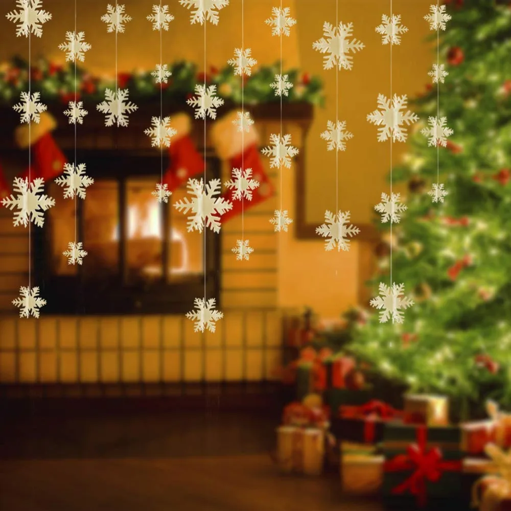 

3 Packs Xmas 3D Paper Snowflake Hanging Garland with 12pcs Sparkling Snowflakes String Clings for Christmas decorations