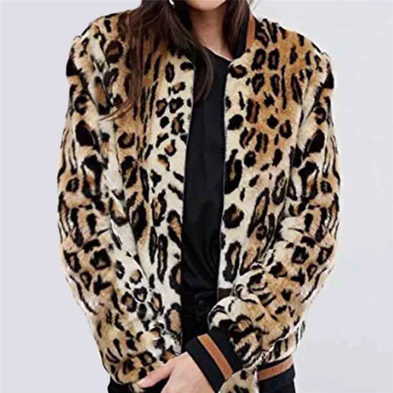 Fashion Womans Autumn Leopard Print Coat Thick Fur Collar Coat Faux Fur Zipper Pocket Outwear Casual Cardigan Jacket F#S25 (8) - 