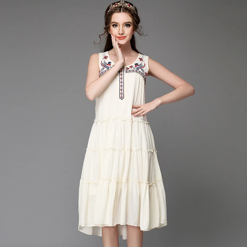 Sale Women Boho Style Cream Color Sleeveless Ruffle Tiered Embroidery