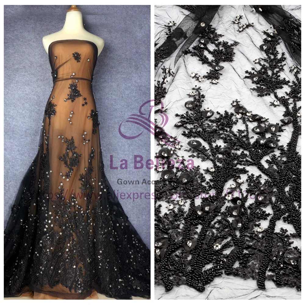 

La Belleza handmade beading crystl Black/ivory/pink /off white 3D flowers evening ddress lace fabric 1 yard