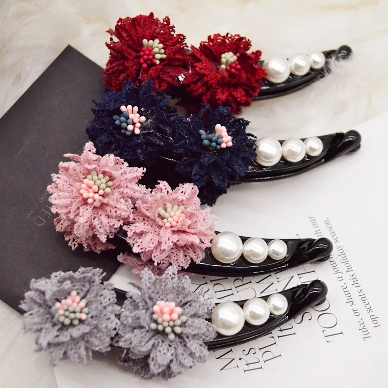 

Girl Ponytail Banana clip flowers pearls Women fashion headwear delicate hair Long Hair Barrettes Elegant Hair Accessories