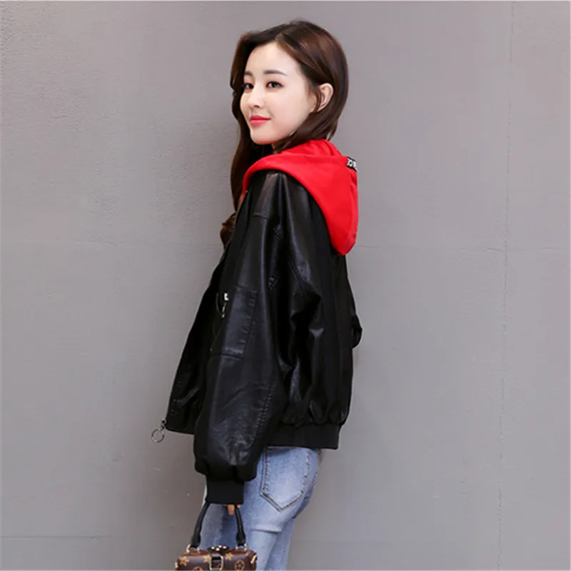 Vêtements 2018 Femmes Manteau Moto Veste Pu Casual Cape Harajuku Printemps Rue Capuche Arrivée Nouvelle Bomber 7SqvA1