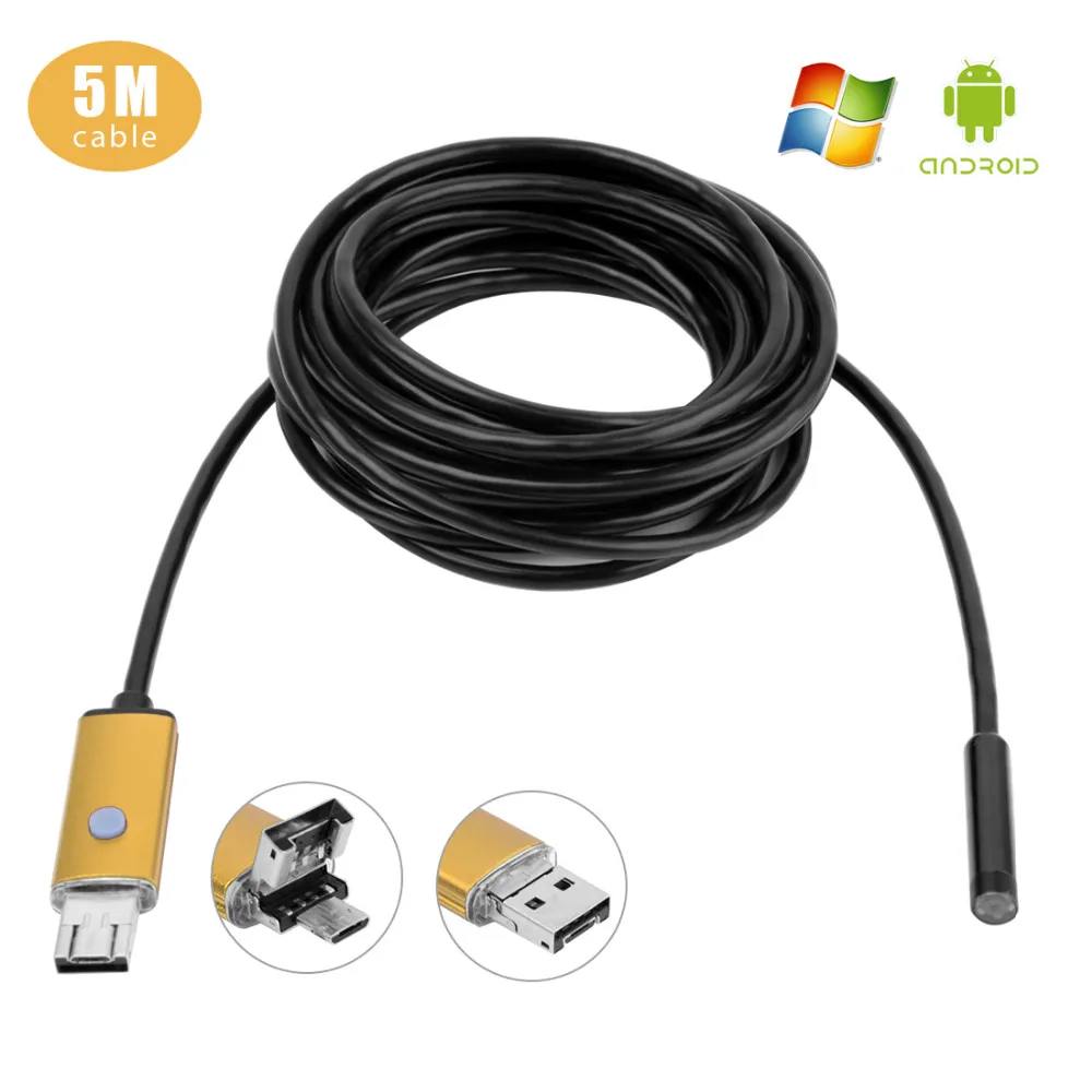 

Gold 5M 6 LED 7.0 mm Lens 2 IN1 Android Endoscope Waterproof Inspection Borescope Snake Tube CMOS Camera For Samsung Android PC