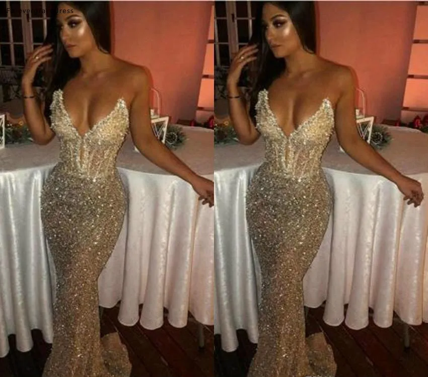 2019 Sexy Bling Sweetheart Mermaid Sleeveless Sequins Shiny Light Champagne Prom Dresses Long Sweep Train Deep V Neck Evening Gowns BC1051  155 (1)