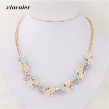 xiacaier Sweet Rhinestone Flower Statement Necklace Women Pink Choker Collar Gold Color Chain Collier Femme Bijoux Jewelry