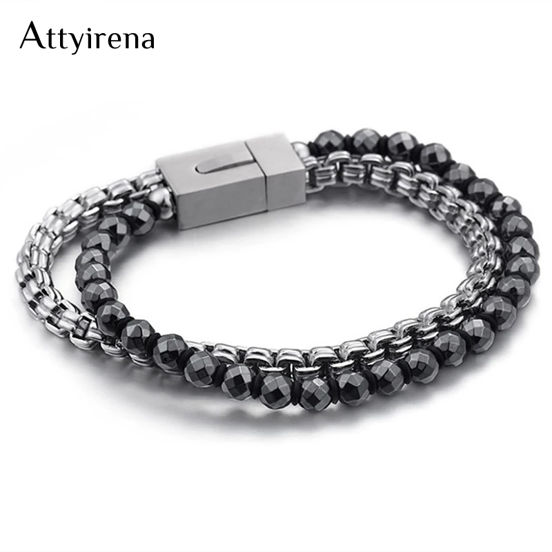 Men's Titanium Jewelry Bracelet Double Layer Chains & Hematite Beads