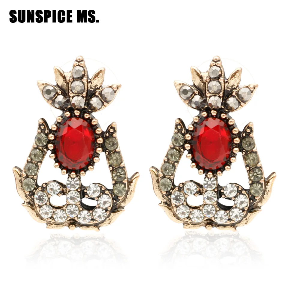 

SUNSPICE MS Red Crystal Stud Earring For Women Antique Gold Color Rhinestone Pineapple Lovely Kids Gifts Party Jewelry Wholesale
