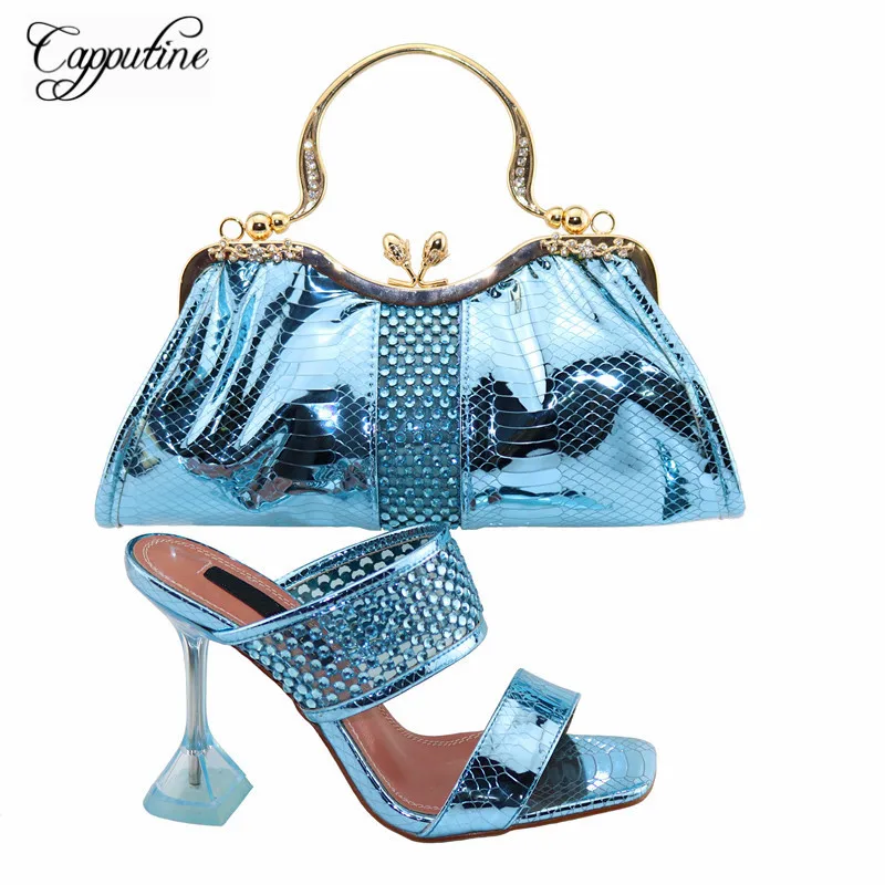 

Wonderful sky blue special high heel pump shoes with bag sets for lady S922-1, heel height 12cm