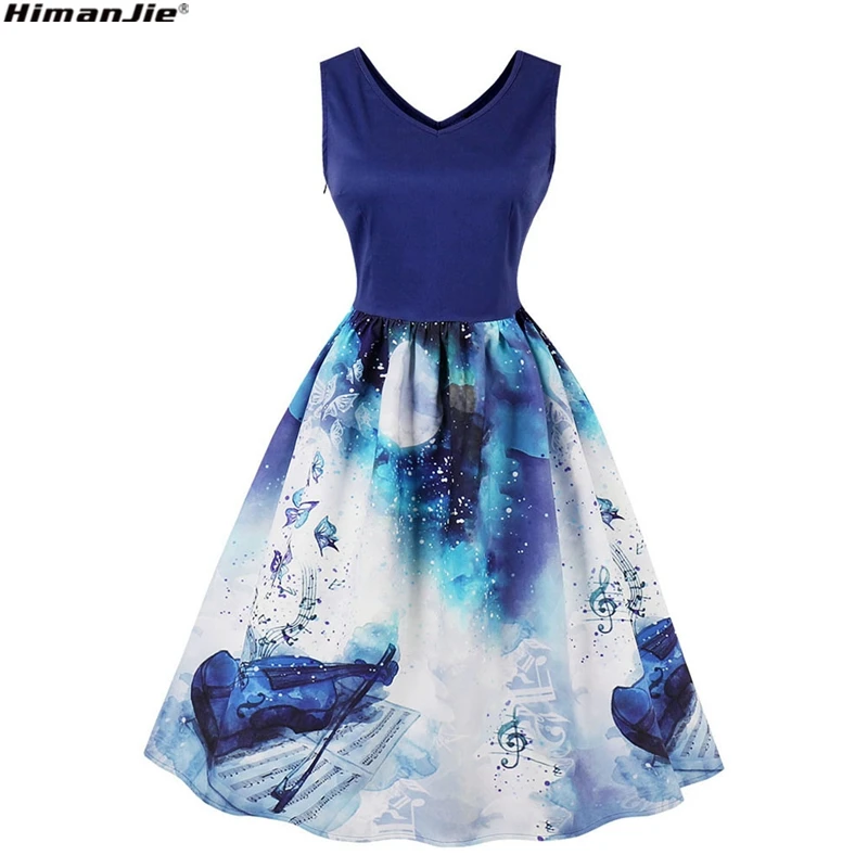 

3XL Violin Print V neck Party Dress Women 2018 Summer slim Waist Pin Up Vintage Dress Femme Robe 50s Rockabilly Vestidos Mujer