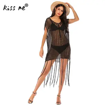 

Black Hollow Swimming Cover Ups Women See Through Look Tassel Short Beach Tunic Sexy Bikini Cover Up Beach Kimono Cover Up
