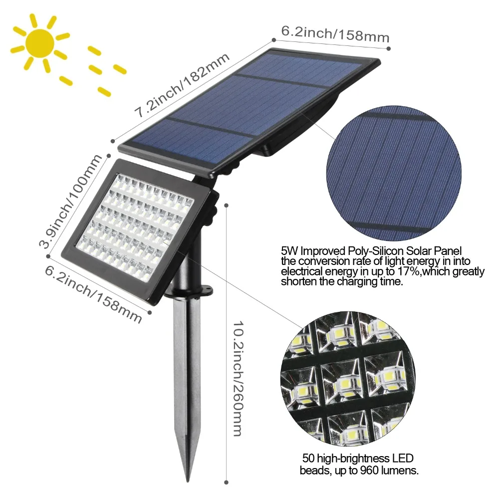 T-SUNRISE 5 Вт светодиодный солнечный садовый светильник s регулируемый 50 светодиодный s солнечный светильник Открытый Пейзаж Настенный светильник для наружного сада