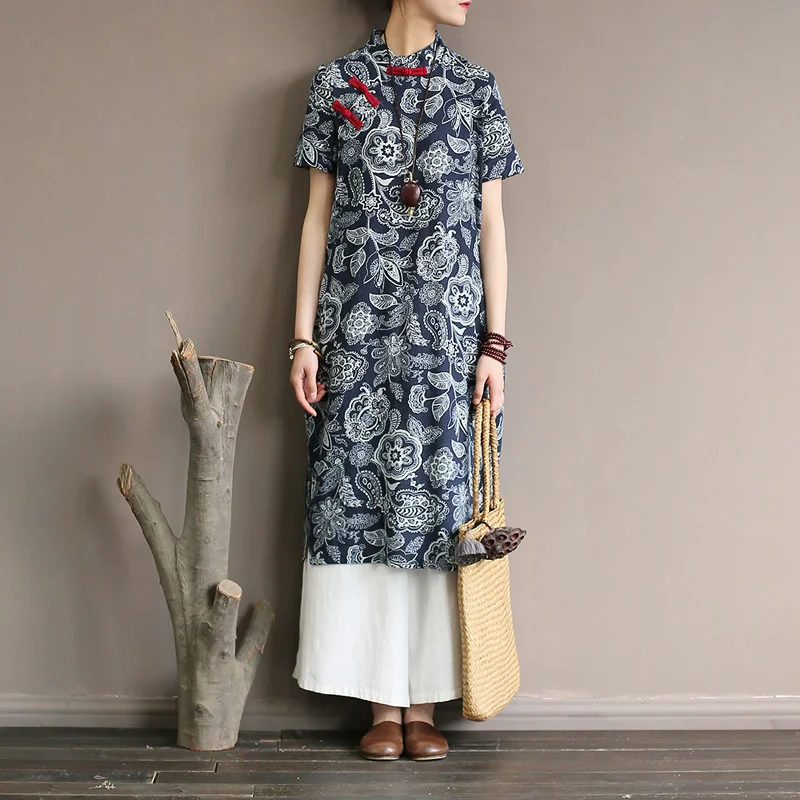 Женское платье до колена с принтом в китайском стиле, винтажное хлопковое и льняное повседневное летнее платье, женское Брендовое платье Ципао