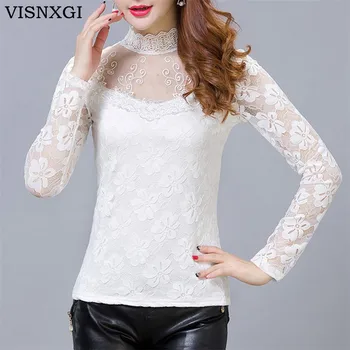 

CUHAKCI Woman Fashion Sexy Shirt Women Blouses Femininas Elegant Blouses Lady Black Dot Lace Shirt Long Sleeve Tops White Blouse