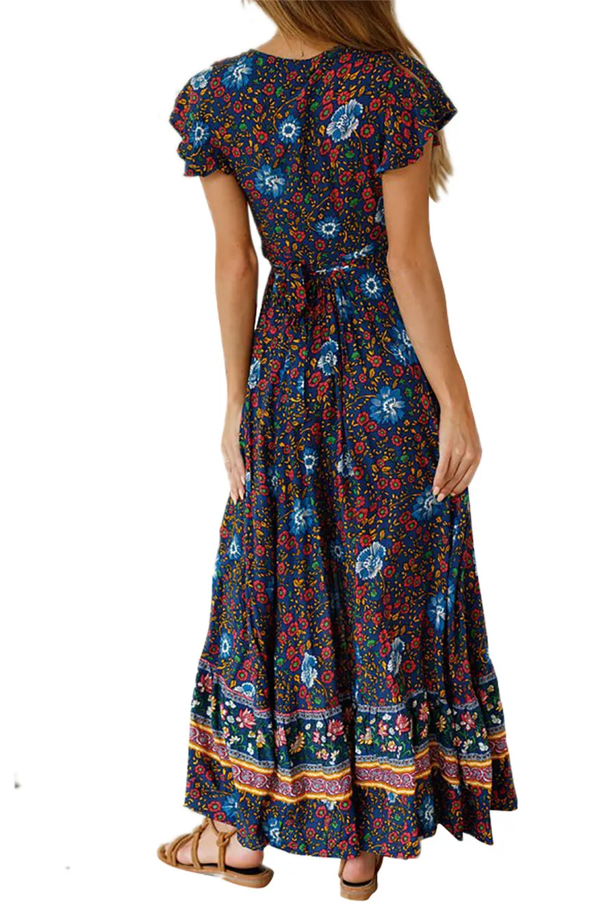 Gladiolus Bohemian Women Summer Dress Short Sleeve V Neck Floral Print Belt Tunic Split Sexy Beach Dresses Women 2019 Maxi Dress (34)