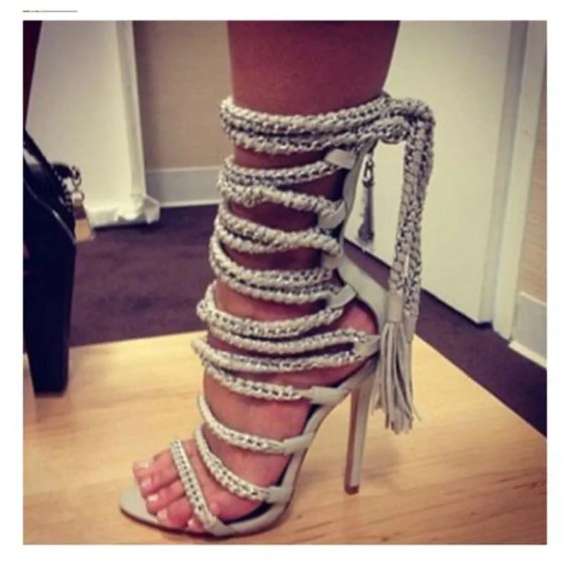 

Deification Fashion Lace-Up Gladiator Sandals Women Sexy Metal Chains Cut Out Strappy Stiletto High Heels Party Wedding Shoes