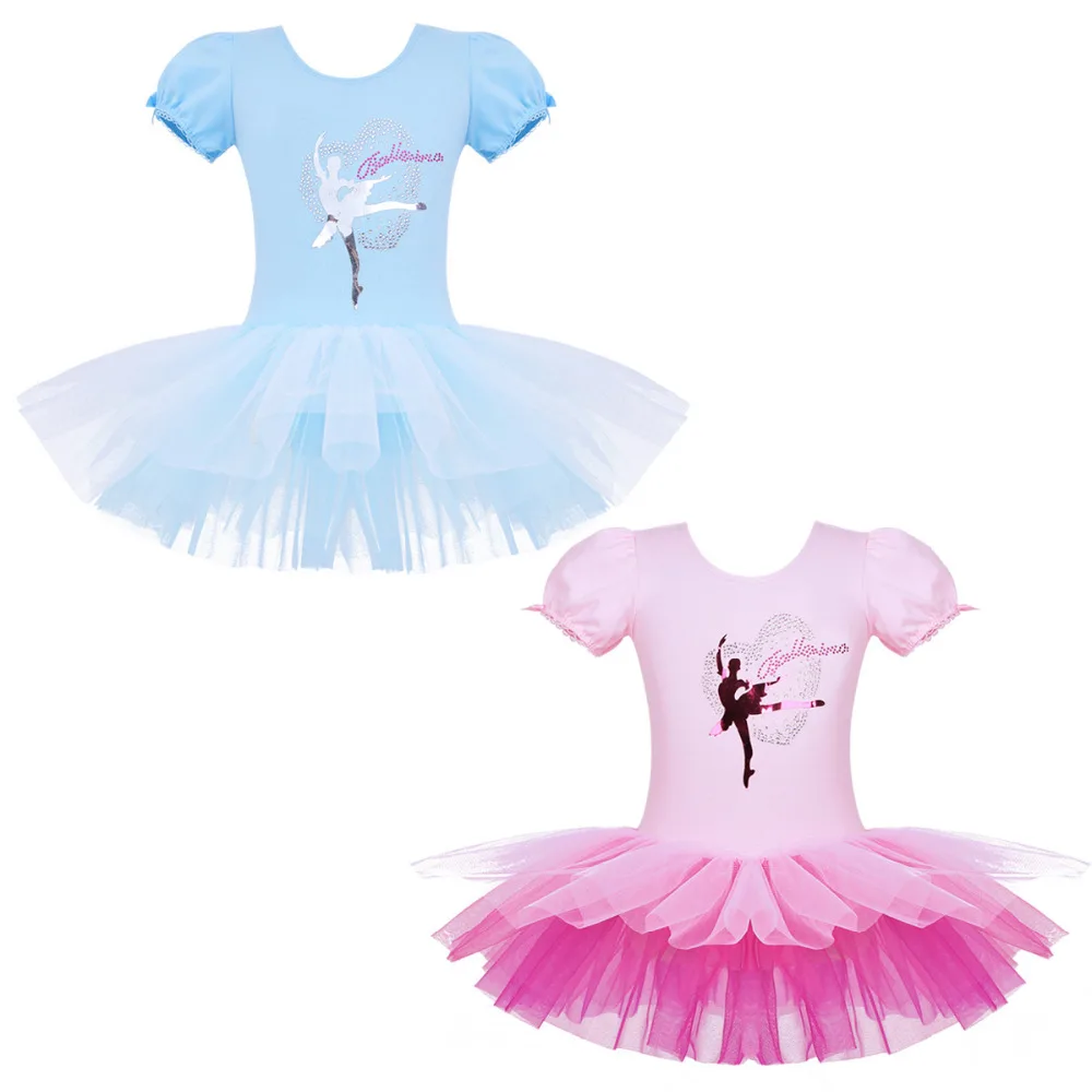 Детские балетные костюмы сетки с короткими рукавами пузырьками блестящие стразы танцор аппликация балетные и гимнастические купальник