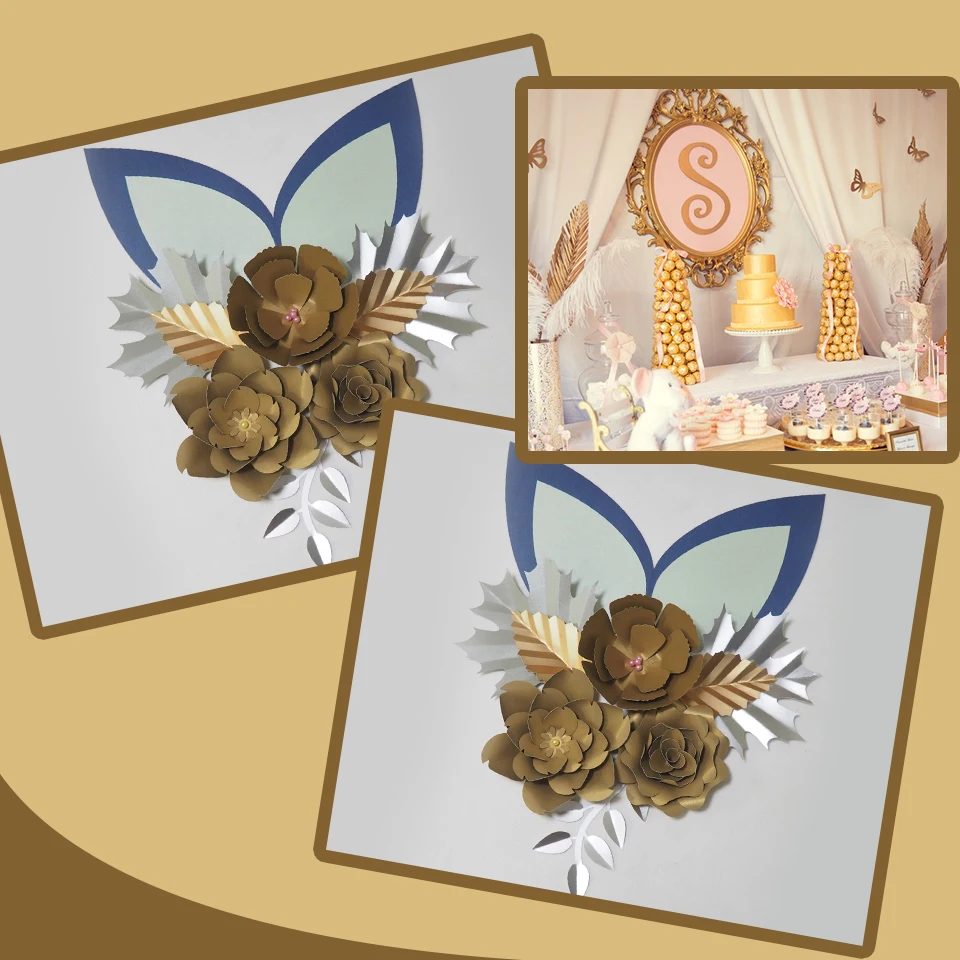 Cardstock Золотой DIY бумажные цветы листья комплект с ушами для свадьбы и события