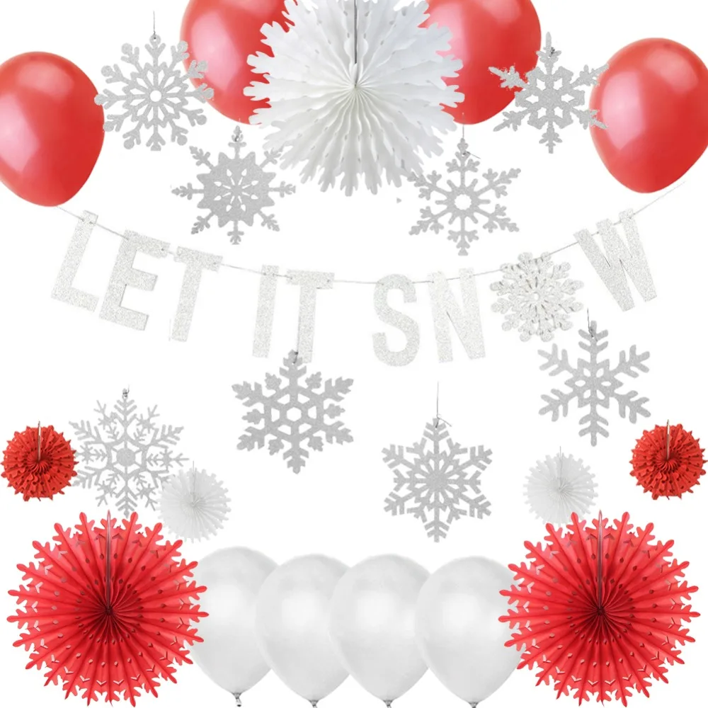 

Christmas Party Decoration for Home Balloons Silver Glitter Snowflake Hanging Paper Fans Let it Snow Banner Baby Shower for Xmas