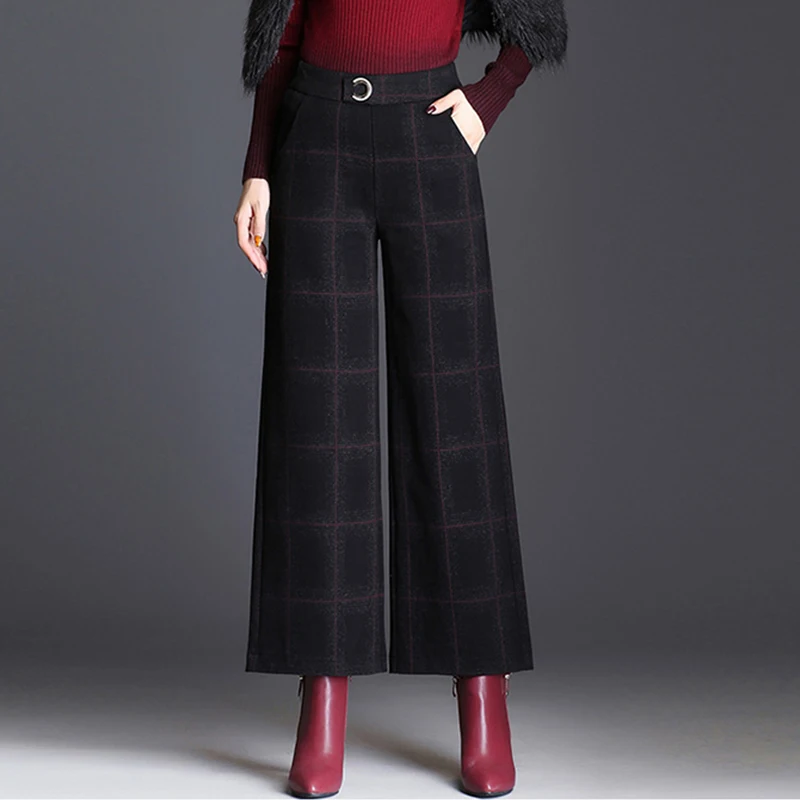 Fashion Plaid Women Winter Wool Pants Wide Leg Pants woolen Trousers ...