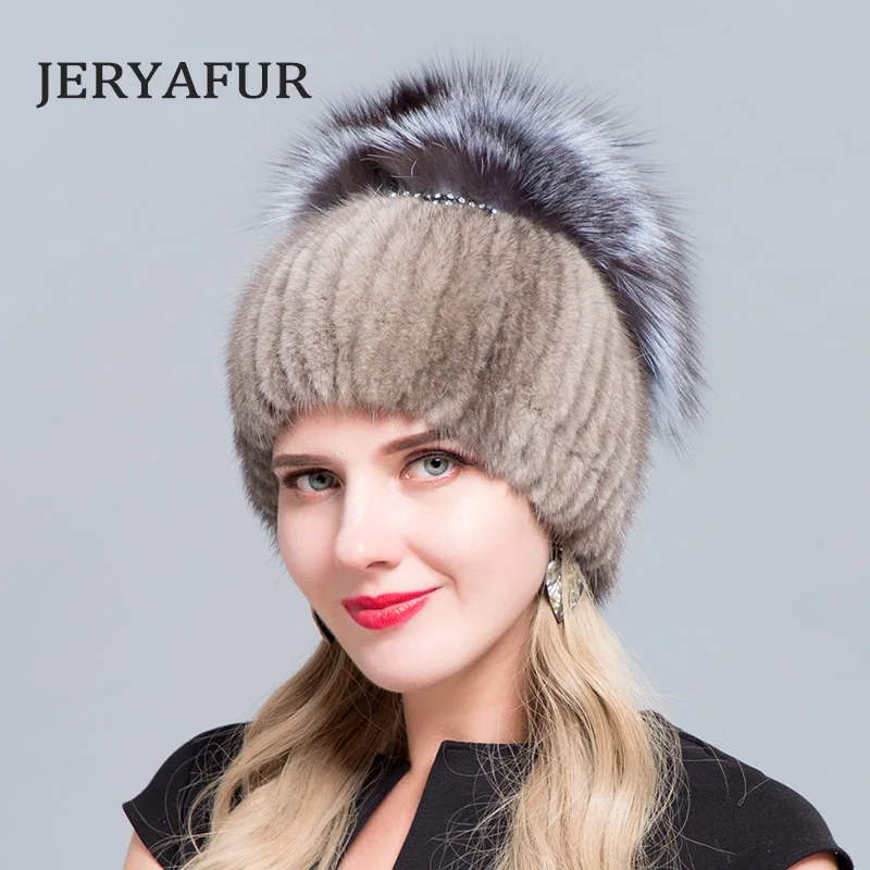 

JERYAFUR 2018 Fur factory wholesale mink fur hat Fox and rabbit knitted wool liner fashion winter fur hat lady Ski Hat Cap