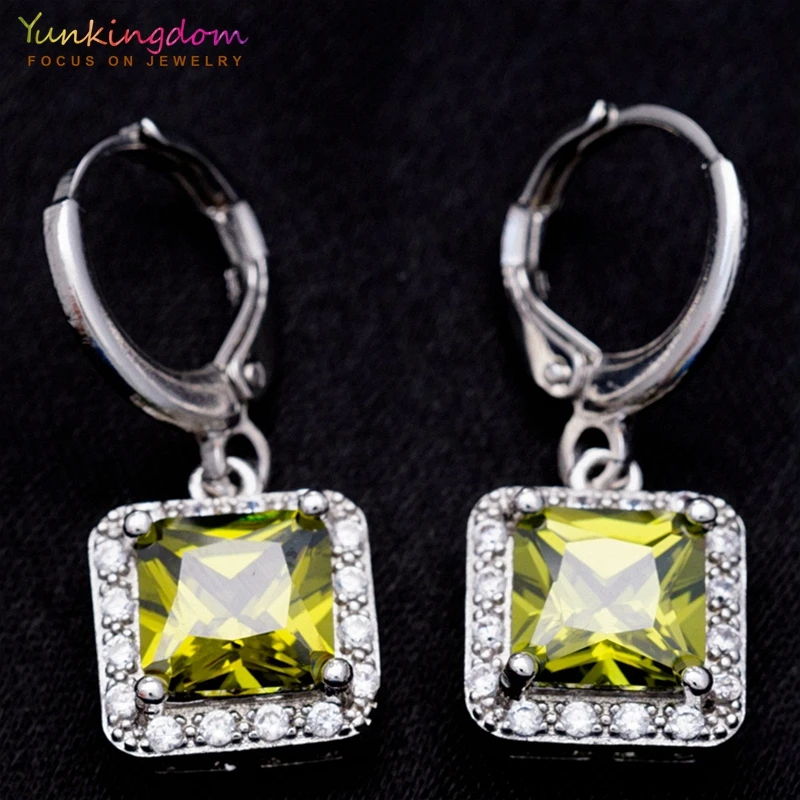Yunkingdom New Hot Sale Olive Green Square Crystal Zircon Drop earrings Small Dangle for Women Fashion Jewelry