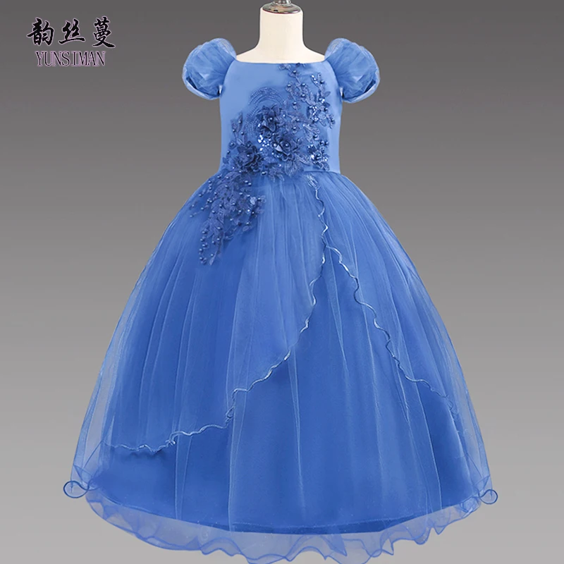 

2019 Big Girls Elegant Dress 6 8 10 to 12 14 Years Floral Embroidery Blue Evening Party Long Dresses Kids Princess Costume 2A21