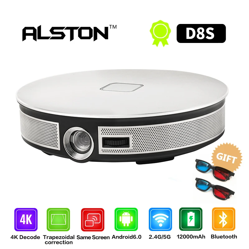 

ALSTON D8S Portable DLP MINI Projector 12000mAh Battery 1280x720P Android WIFI HDMI Support 1080P 4K