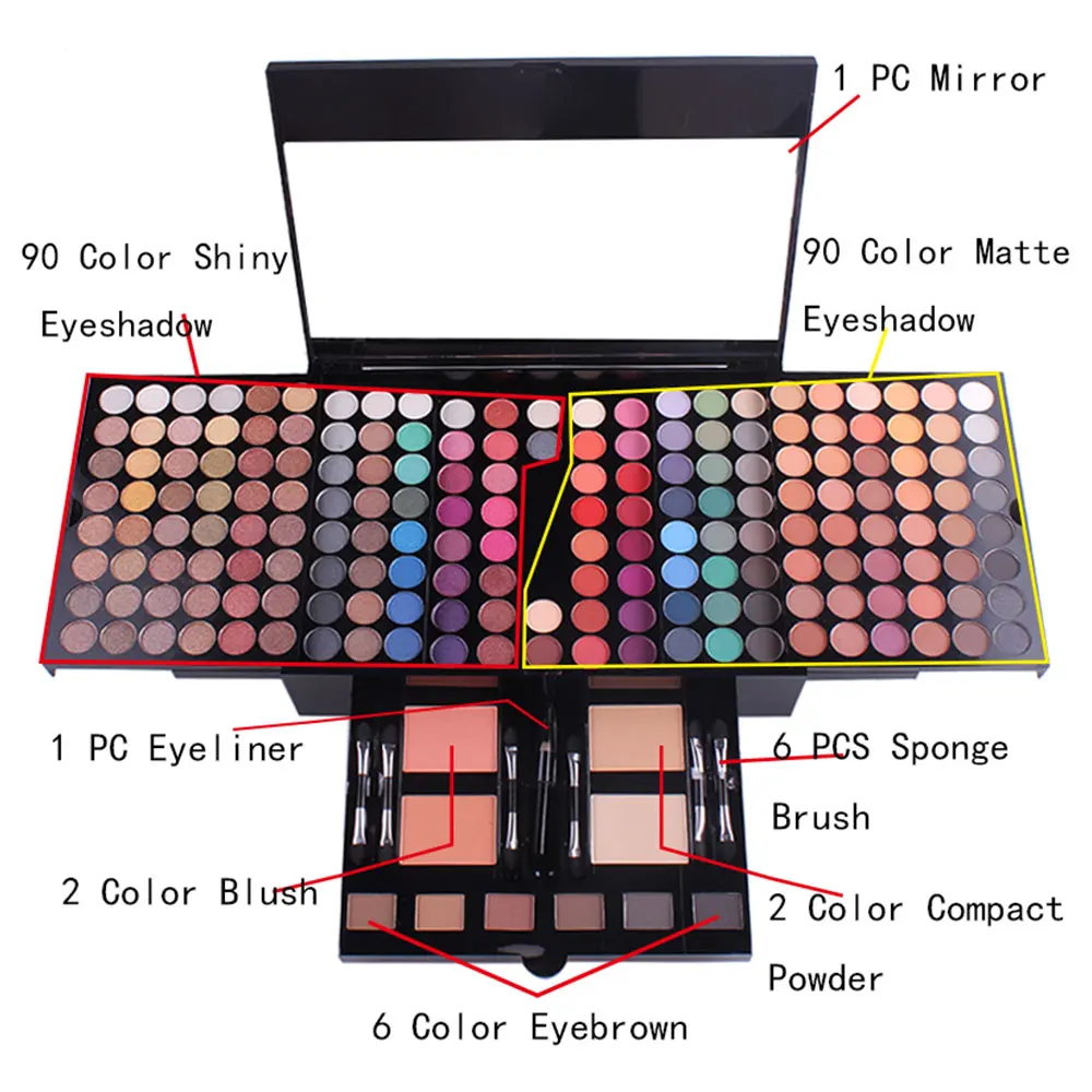 

Professional Makeup 180 Colors Matte Shimmer eye shadow Palette & brush Powder Blush Eyebrow Contouring Beauty Kit Box