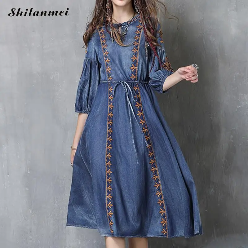 Fashion Blue Half Sleeve Woman Casual Denim Dress Embroidered One Piece Female 2018 Autumn Streetwear Loose Jeans Dresses