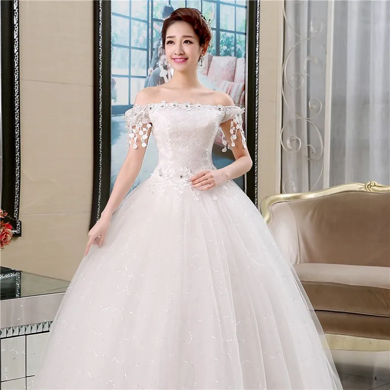 Бесплатная доставка На Заказ 2016 Оптовая длиной до пола Лодка Шеи Невесты Цветок Свадебное Платье Корейский Стиль Свадебного Платья HS181