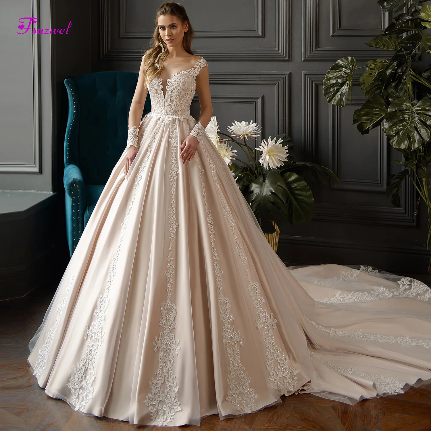 Fsuzwel/великолепные атласные свадебные платья трапециевидной формы с аппликацией и шлейфом ; Свадебные платья «Принцесса» с круглым вырезом и рукавами-крылышками; большие размеры