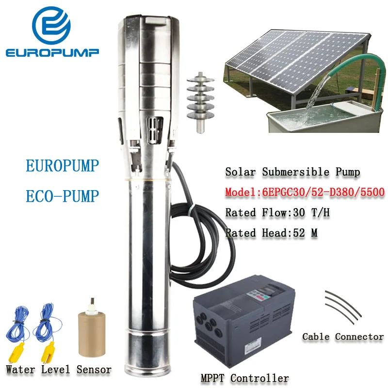 

EUROPUMP 6Inch 7HP outlet 3" Lift 52M Flow 30000LPH High Speed Solar Water with Pump MPPT controller MODEL(6EPGC30/52-D380/5500)