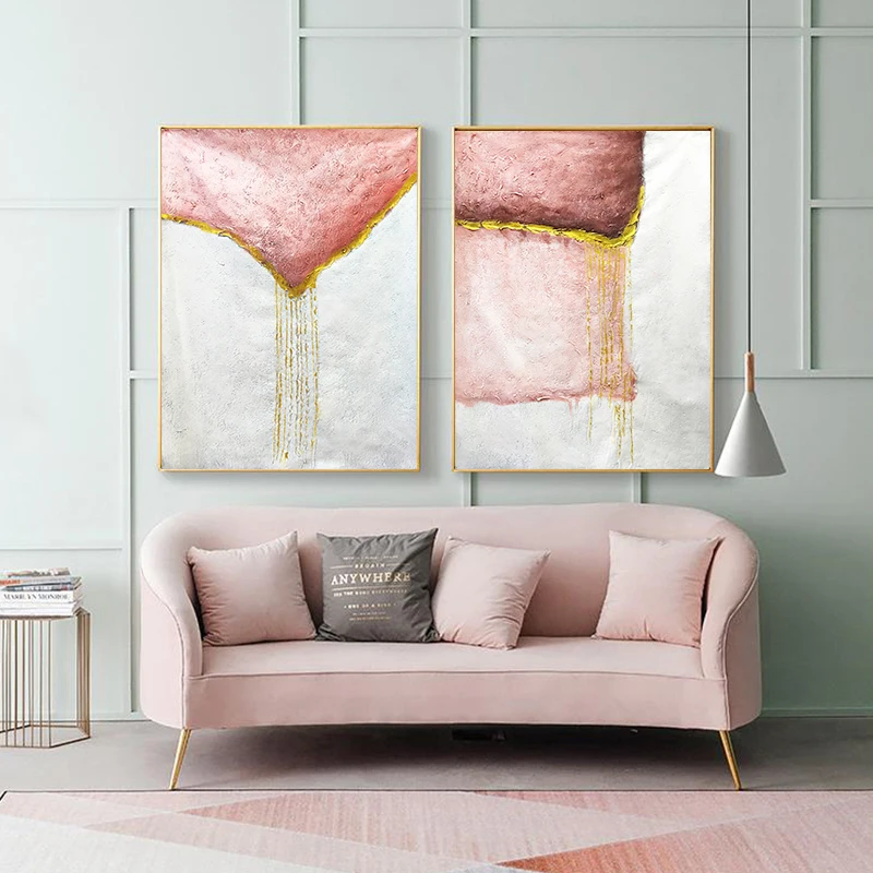 

2 piece Gold art Abstract canvas painting wall art picture for living room home hallway wall decor original pink texture acrylic