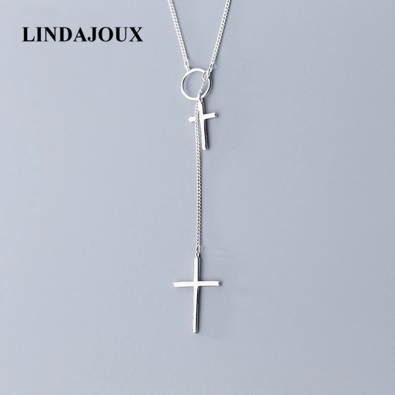 

925 Sterling Silver Christian Dual Cross Charm Chain Sweater Necklace For Women Sterling-Silver-Jewelry Chain