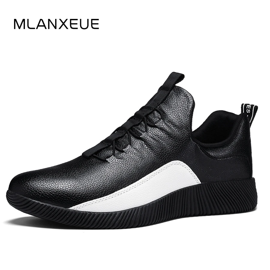 

MLANXEUE 2018 Fashion Leather Casual Men Sneakers Non-slip Students Men Shoes Black White Colorblock Plus Size Male Shoes