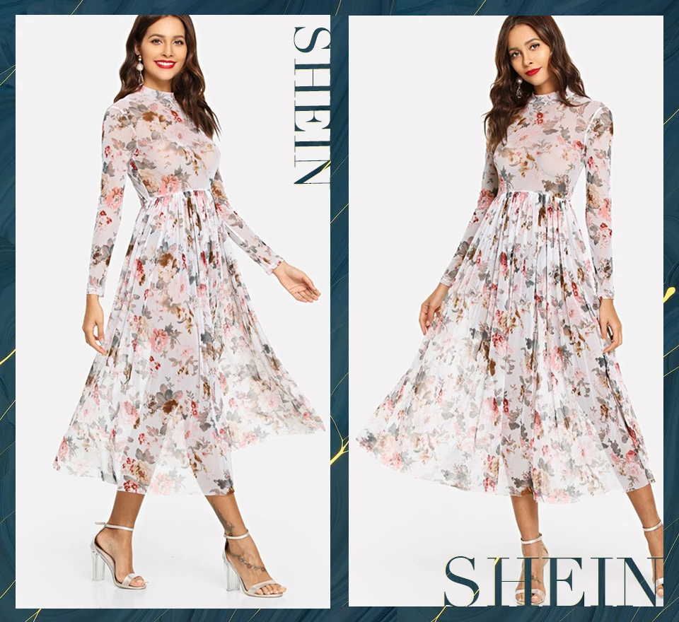 SHEIN, многоцветные вечерние платья Highstreet, элегантные, с ложным вырезом, полупрозрачные, плиссированные, с цветочным рисунком, ТРАПЕЦИЕВИДНОЕ ПЛАТЬЕ, осень, современные женские платья