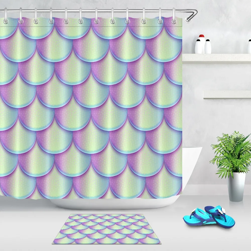 LB Colorful Fish Scales Extra Long Shower Curtain with Mat Set Bathroom