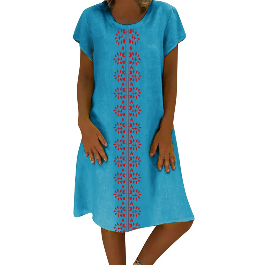 Summer dress Women O-Neck Printed Cotton And Linen Casual Plus Size Ladies beach Dress 2019 new arrival slim soft touch dress