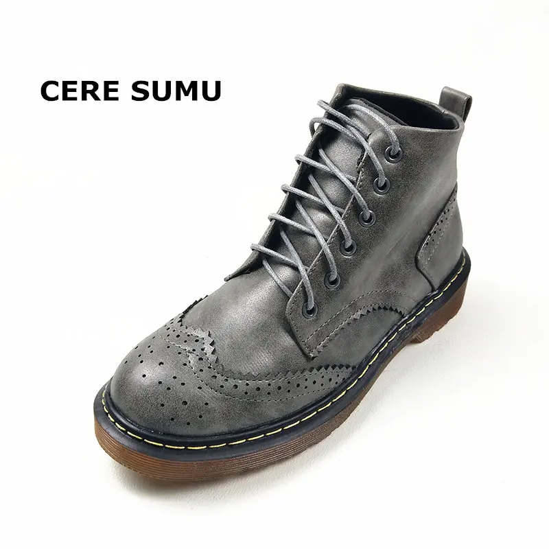 

2018 Spring Fall Women Leather Boots Round Toe Lace-up Oxford Ankle Boot Ladies Martin Motorcycle Boots Shoes Women Size 34-43