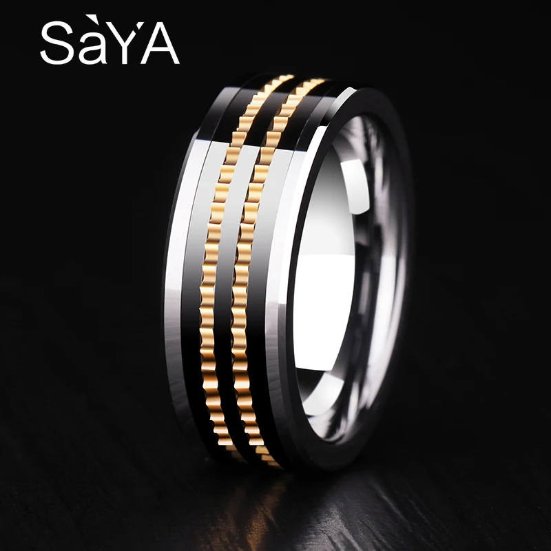 Дизайн 8 мм ширина мужские обручальные кольца вольфрам карбид группа золотого цвета роторная шестерня и черное покрытие комфорт подходит размер 7-11