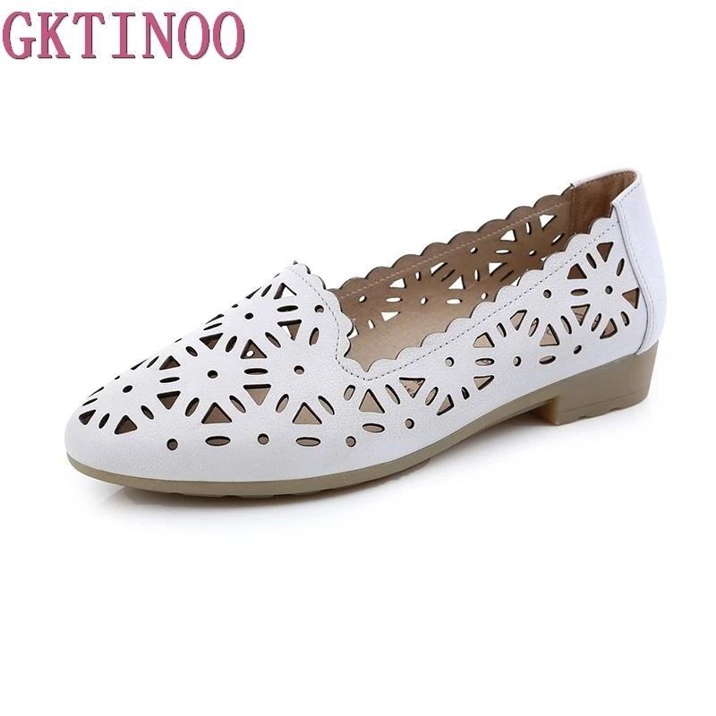 

GKTINOO 2024 Women Flat Shoes Genuine Leather Woman Ballet Pointed Toe Flats Summer Lady Hollow Out Loafers Women Shoes Sandals